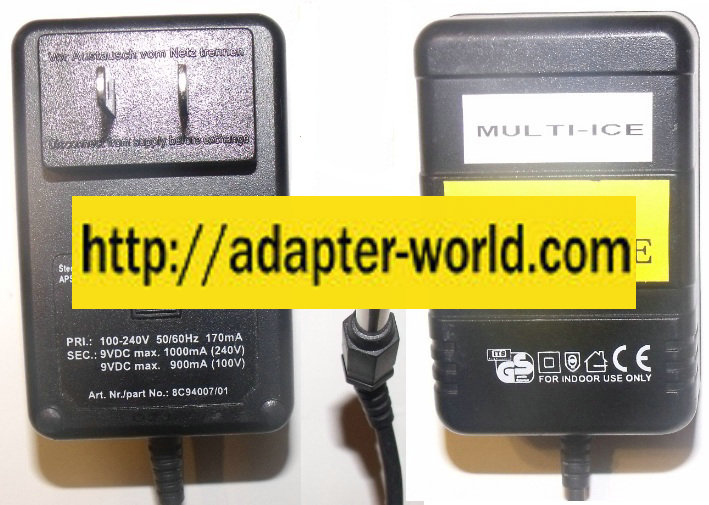 AMD MULTI-ICE APS 1009T AC ADAPTER 9VDC 1000mA 240V 9VDC 900mA 1